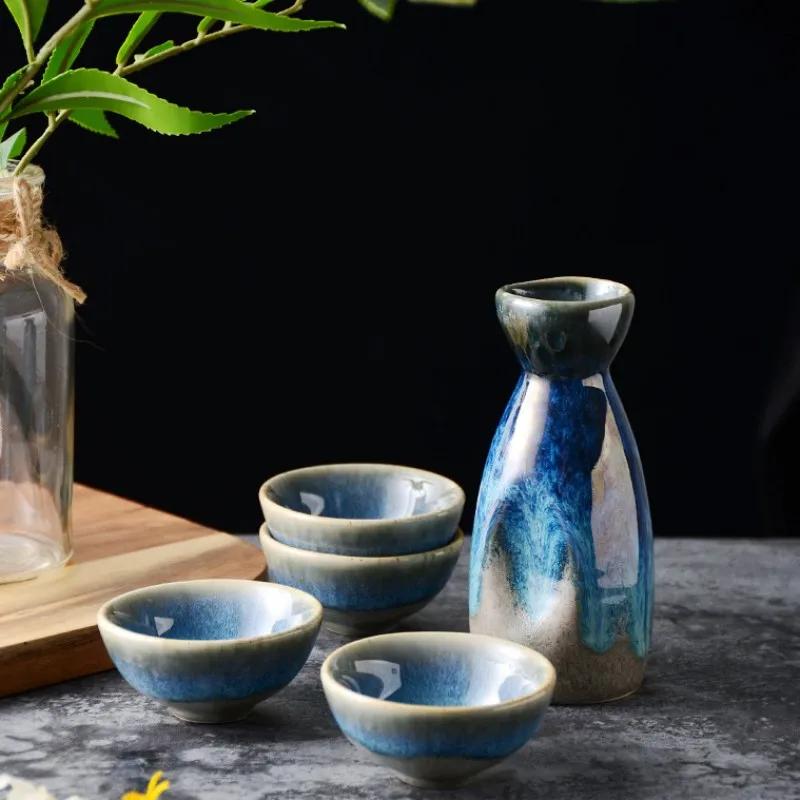 Jarra de Sake Vintage Japonesa Cerámica Azul Cambio de Horno Copa de Vino Dispensador de Vino Shochu para el Hogar Restaurante de Sushi Utensilios para Beber Regalos