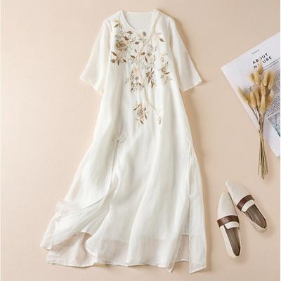 Summer Vintage Dress for Women High Waist Short Sleeve O-Neck Retro Dresses Patchwork Flower Embroidery Sundress Robe Femme