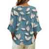 Womens V Neck Vintage Floral Print Loose Fit Short Sleeve Linen Blend T Shirt Lightweight Casual Summer Top with Button Detail