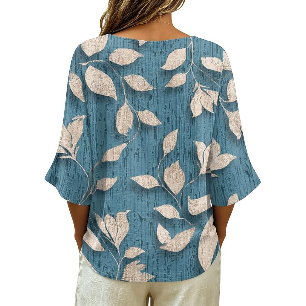 Womens V Neck Vintage Floral Print Loose Fit Short Sleeve Linen Blend T Shirt Lightweight Casual Summer Top with Button Detail