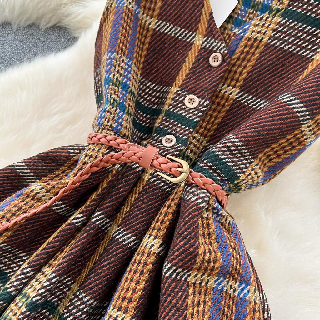 Vintage Tweed Plaid Tank Dress for Women Autumn Winter Sleeveless V-neck Single-breasted Woolen Dress with Belt