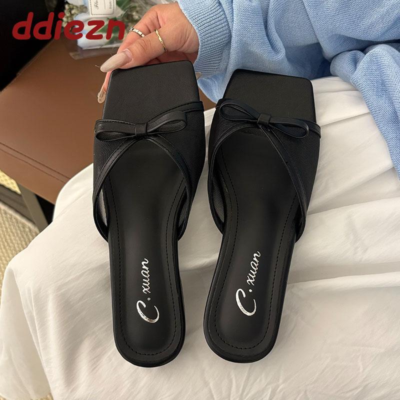 Fashion Low Heel Female Slides Sandals Women Slippers Shoes Square Toe Footwear Fashion Butterfly-Knot Ladies Heeled Slippers Shoes