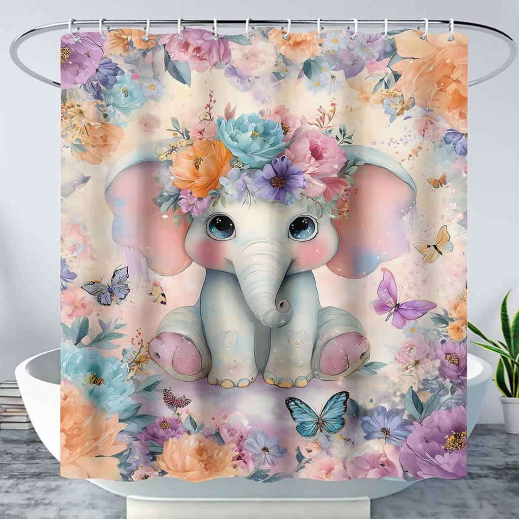 Kawaii Rabbit Pet Shower Curtain for Bathroom,Cute Animal Bunny Floral Waterproof Fabric Bath Curtain with Hooks,72" Wx72 H