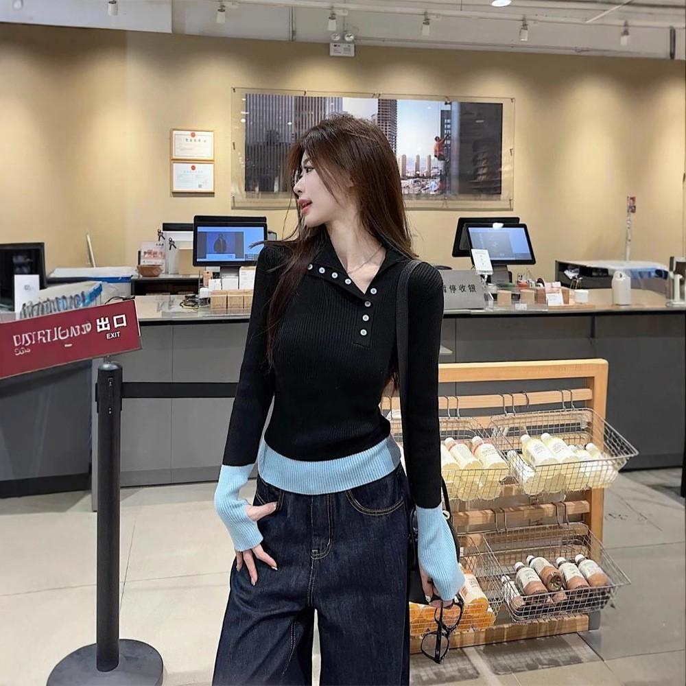 

Лоскутный дизайн с цветными блоками, свитер-базовый слой с лацканами, женский, осенне-зимний, корейский, приталенный, элегантный вязаный топ One Size чёрный