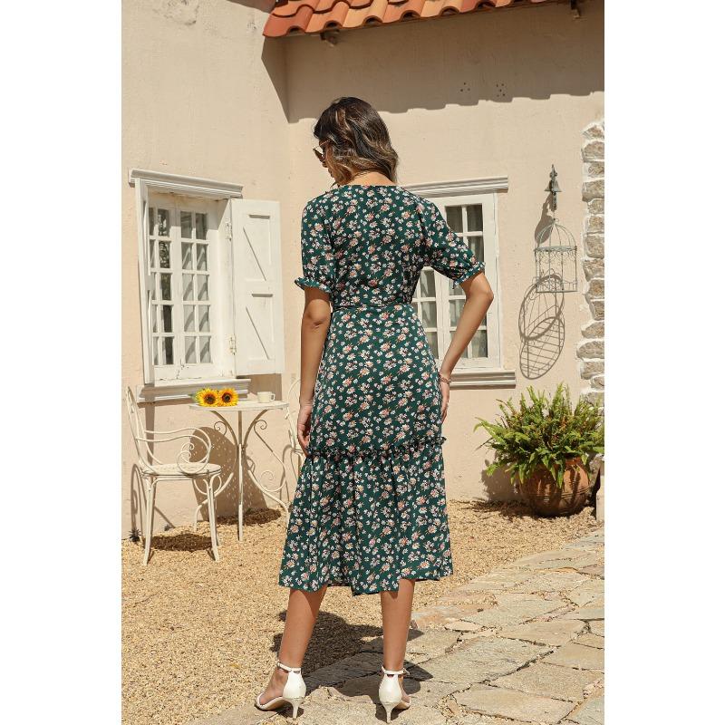 YYFS Women's Fashion Summer Spring Flower Pattern Print Short Sleeve V-Neck High Waist Casual Dresses