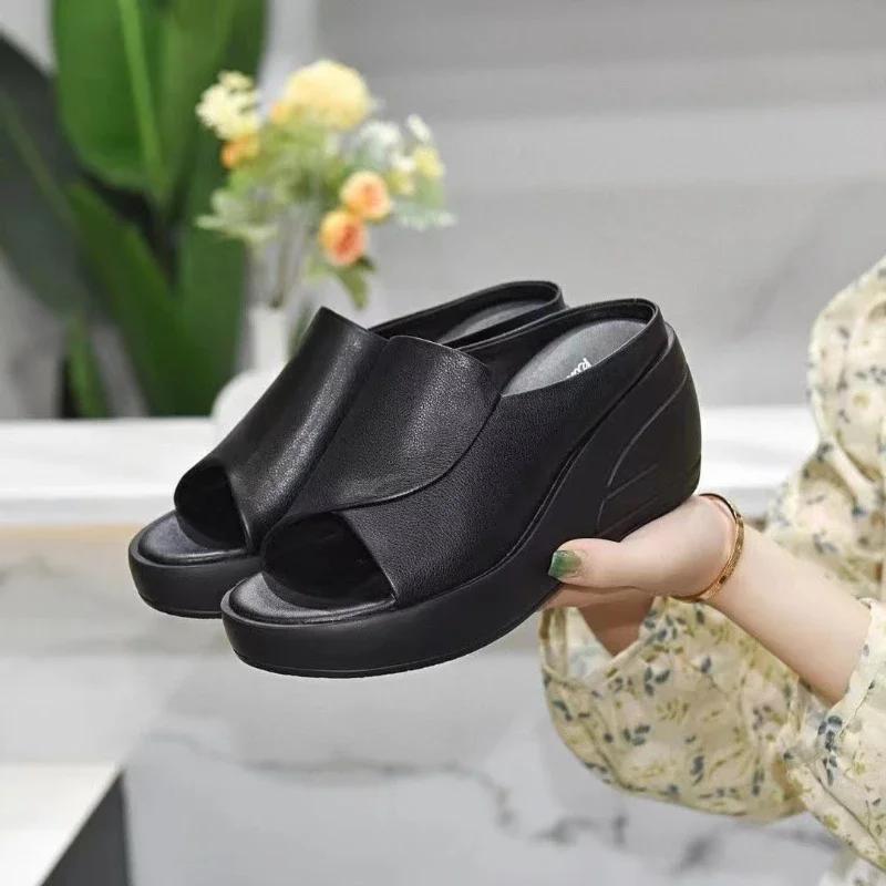 Slippers Black Wedge Platform  New Women Sandals Women Open Toe Women Orthopedics Thick Bottom Beach High Heels Slide