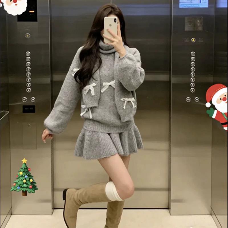 

Korean Maternity Winter Sweater & Bow Knit Mini Skirt with Scarf Set XL