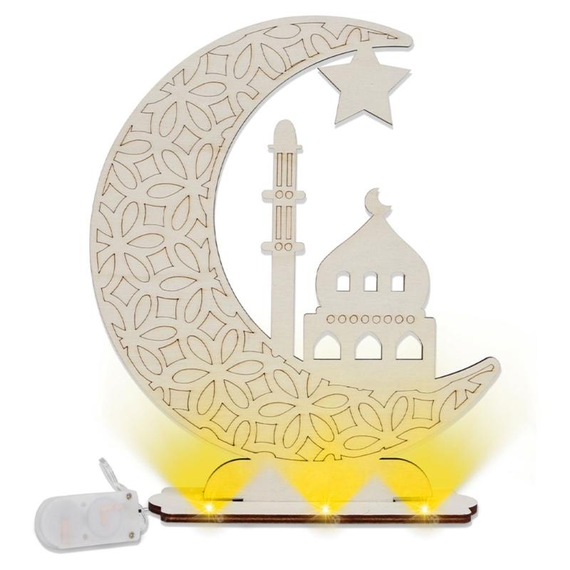 Unique Wooden EidMubarak Desk Ornament LED Moon Star DIY Lamp Light Table Decorations for Festive Celebrations