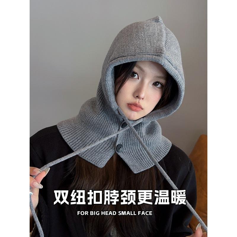 Korean balaclava hat for women, winter warm hat with integrated neck warmer, couple's style, ear protection, knitted wool hat