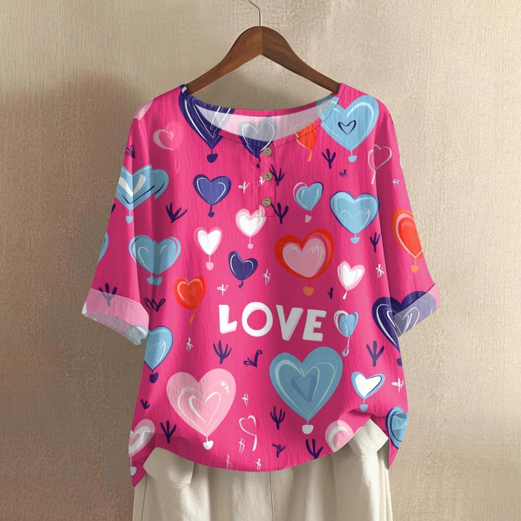 Damska koszulka z nadrukiem na Walentynki, casualowa, z krótkim rękawem, okrągłym dekoltem, z bawełny i lnu