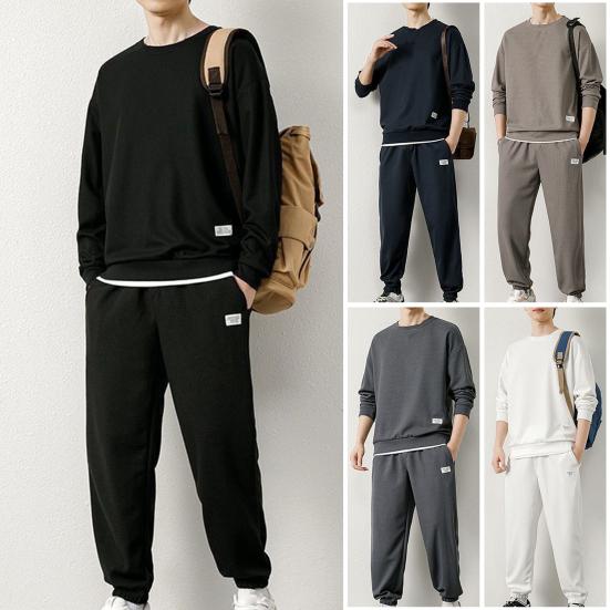 2Pcs/Set Men Casual Sport Suit Waffle Texture O-neck Long Sleeve Sweatshirt Elastic Waist Pockets Jogger Pants Set Loose Fit Sweatshirt Suit