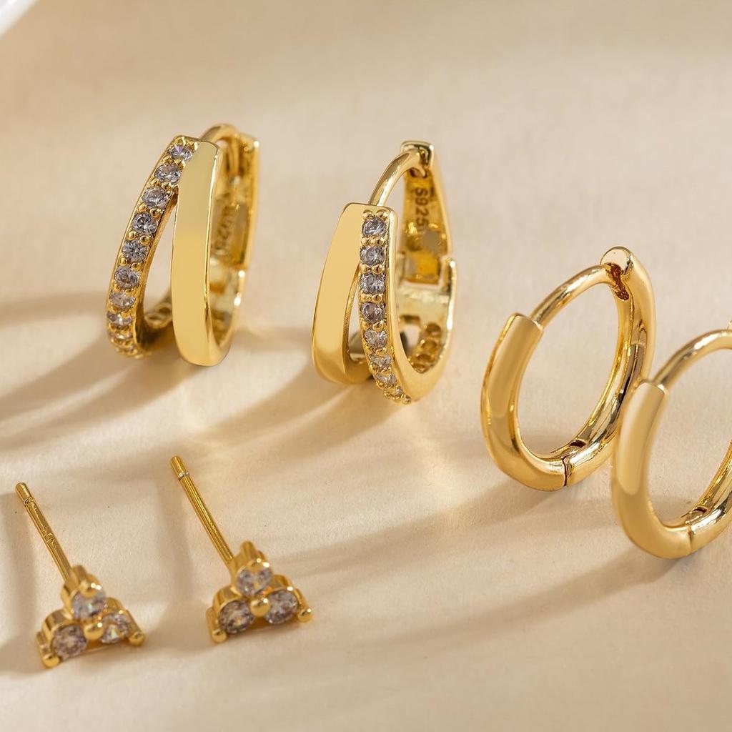 3 Pcs Set Hoop Stud Earrings for Women, Multiple Piercing CZ Crystal Triangle Studs Stackable Huggie Earrings Set Jewelry