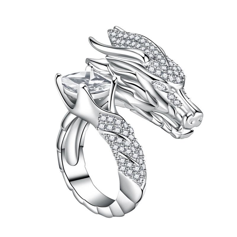 Heavy Industry Open Ring, Oriental Dragon Domineering Ring, Shiny Square Diamond Inlaid Jewelry