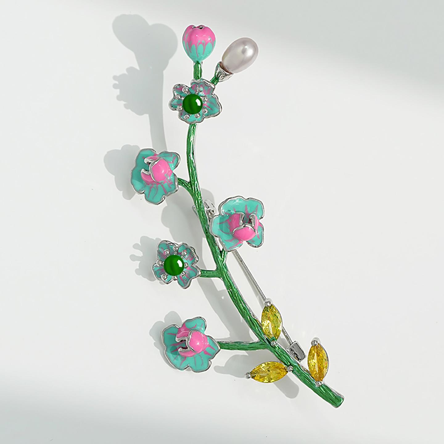 Elegant Agate & Pearl Plum Blossom Brooch Pin