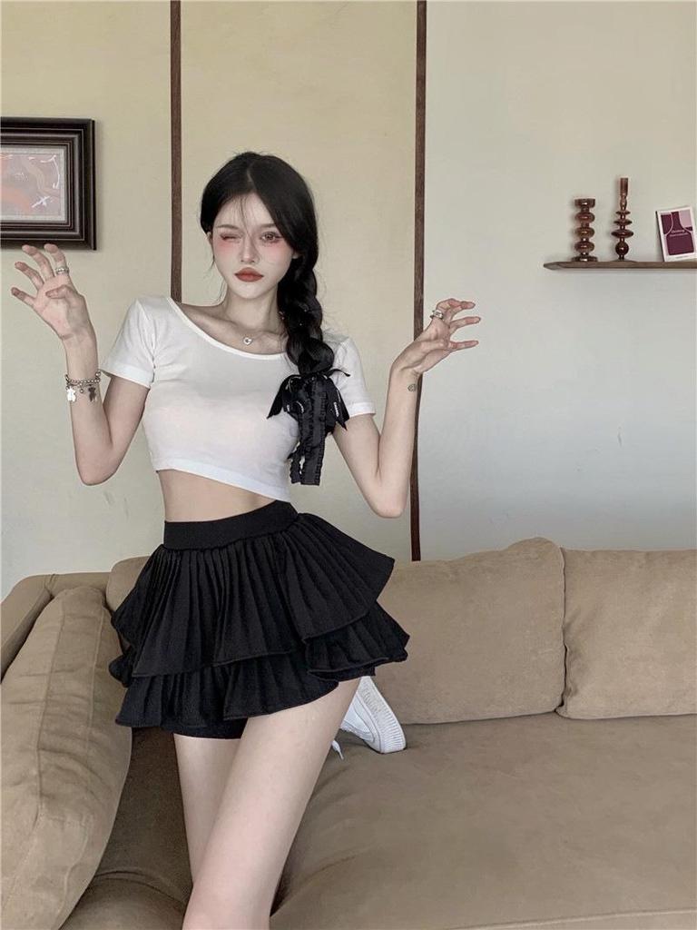 Women's Vintage Pleated Double Layer Mini Skirt - White, Slimming, Sweet, Fluffy Summer Skirt