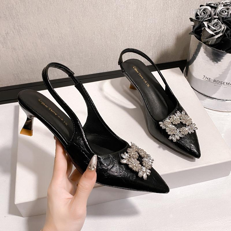 Rhinestone Pointed Sandals Spring New Bag Head Thin Heel Dress Versatile High Heels Women