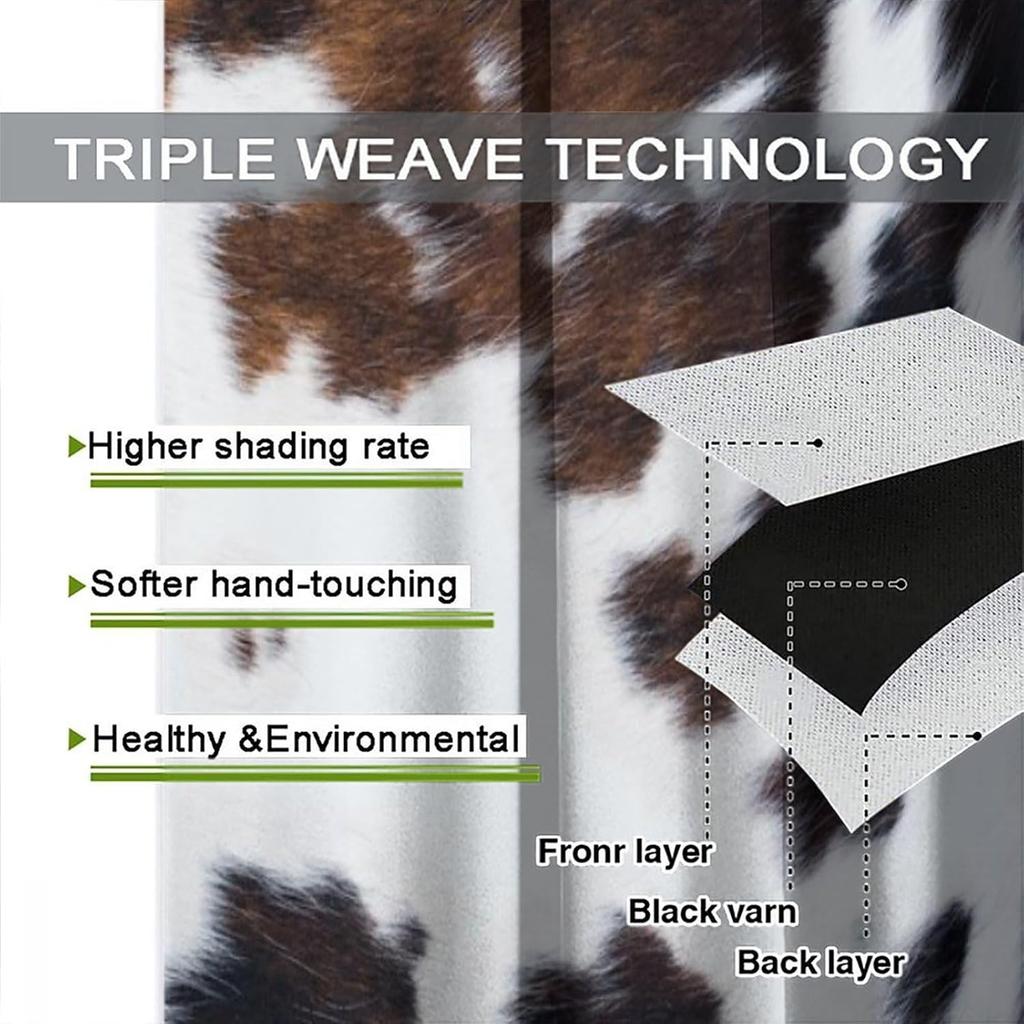 Cow Print Blackout Curtain,Brown White Cowhide Animal Fur Western Rustic Farmhouse Style Window Treatments Rod Pocket Curtain for Bedroom Living Room