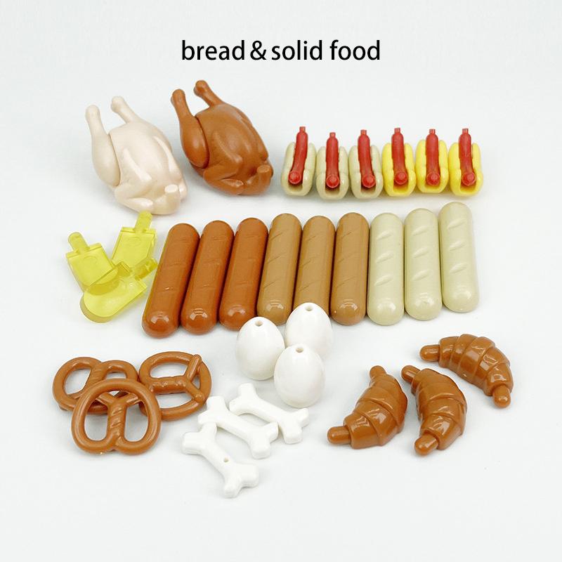 MOC Bausteine Kompatibel mit Lebensmittelmarkt Ausstellungsständer City Bausteine Brot Chips Brathähnchen Meeresfrüchte Obstkorb Spielzeug