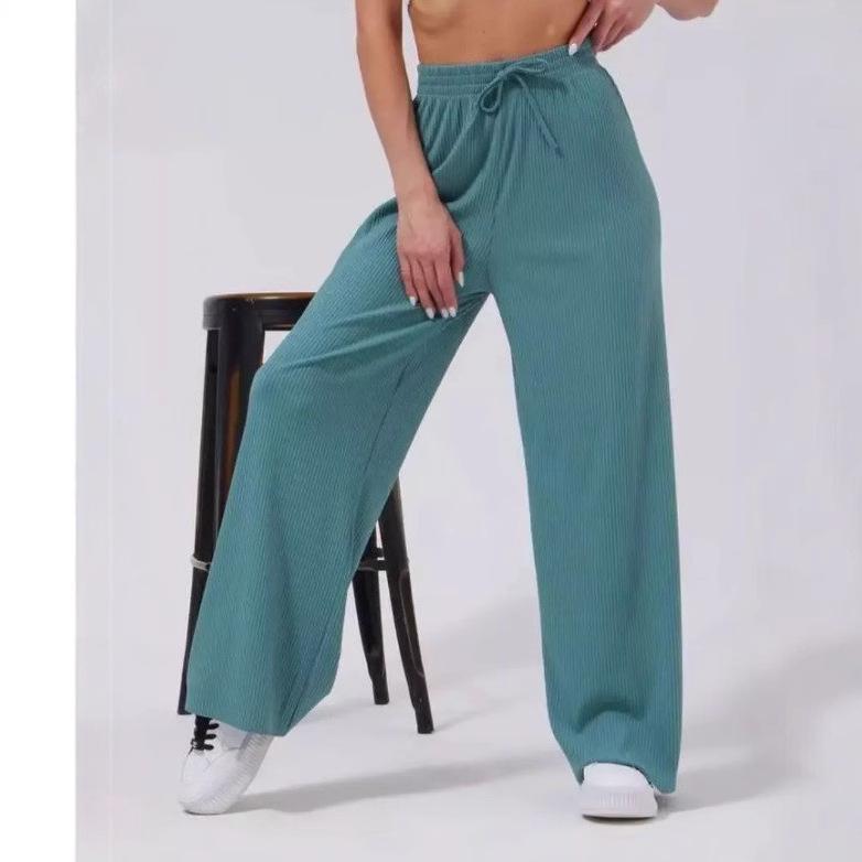 Damen Rippstrick Hose mit Kordelzug Weiter Bein Elastischer Bund Lässige Loungehose
