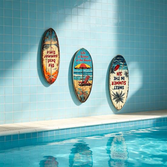 Outdoor Waterproof Wall Art Ornament 1/3Pcs Surfboard Plaque Decoration, Solid Wood Vintage Coastal Sign, Tropical Beach Decoration Retro Seaside