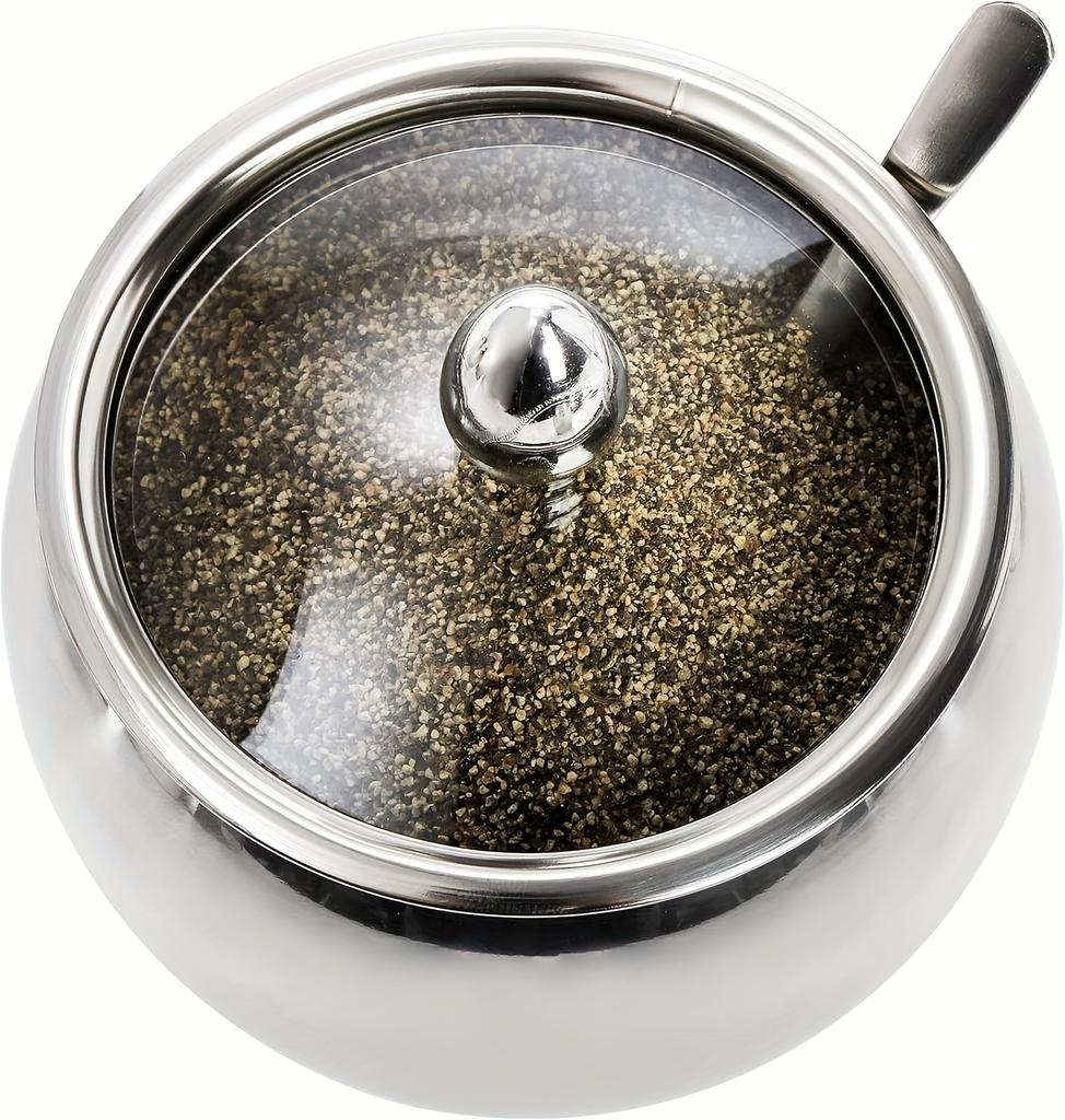 1 peça 330ml (10 onças) Açucareiro de Aço Inoxidável com Tampa de Vidro e Colher - Ideal para Acessórios de Café e Armazenamento na Cozinha