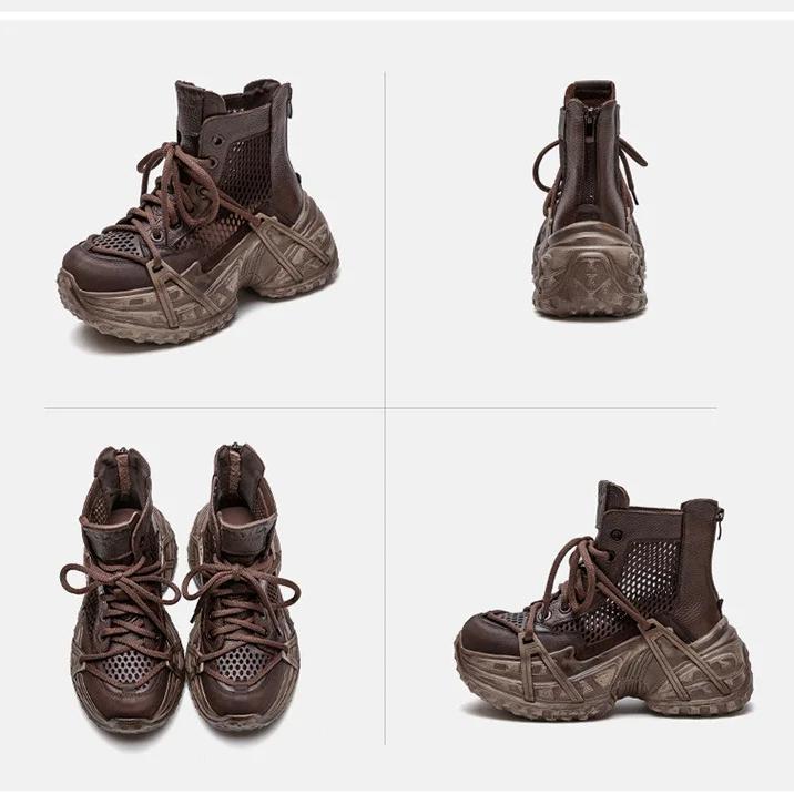 Johnature Vintage Genuine Leather Splicing Mesh Breathable Hollow-out Boots Women's Platform Shoes