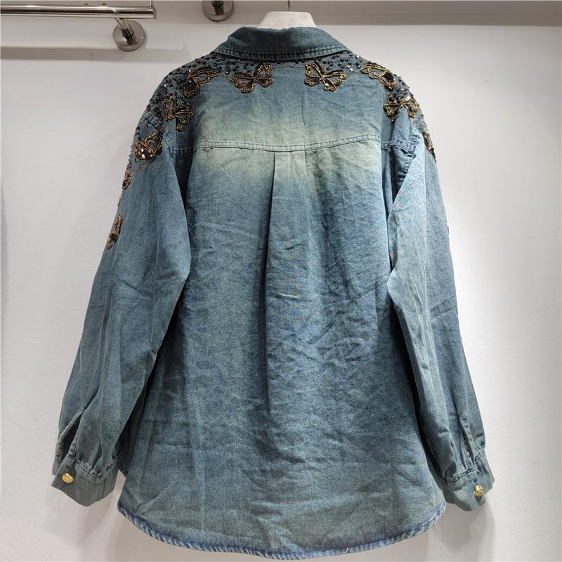 Heavy Industry Bead Butterfly Embroidered Denim Shirt Women's Early Spring New Lapel Loose Jacket Light Luxury Top