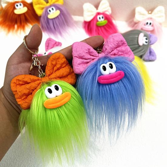 Keychain Cartoon Plush Doll Wearing Big Bowknot Decor Big Mouth Design Charm Key Chain