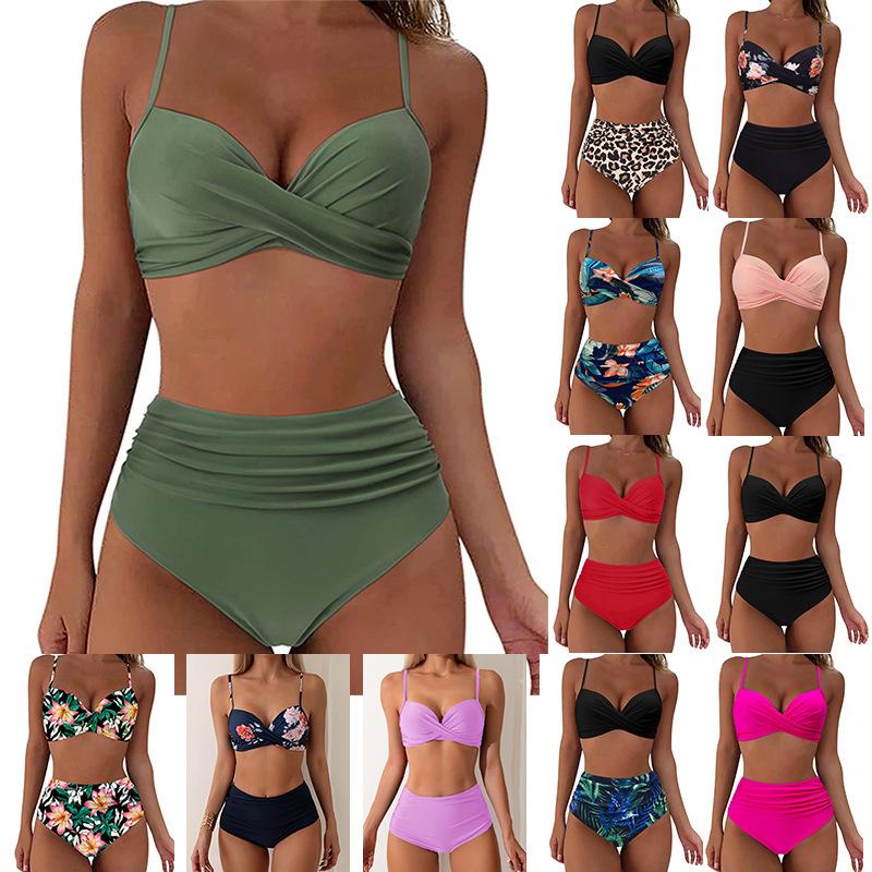 New Multi-color Printing Split Solid Color Gathering Bikini High Waist Explosion Swimsuit