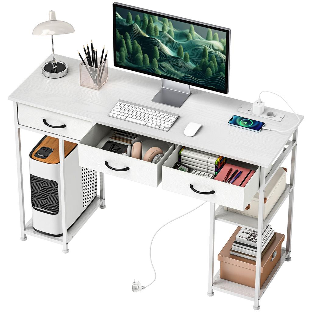Desk Kitchen Table with 2 USB Charging Ports 2 Power Outlets Adjustable Shelves 3 Fabric Drawers 120x40x76 cm White