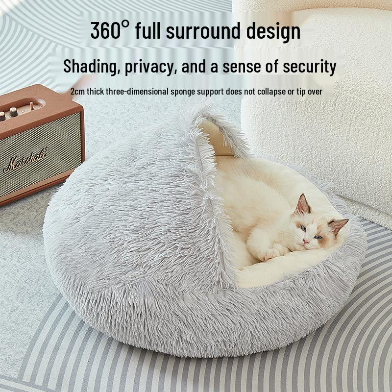 Cozy Plush Cat and Dog Bed: Year-Round Semi-Enclosed Shell Design for Warmth and Comfort