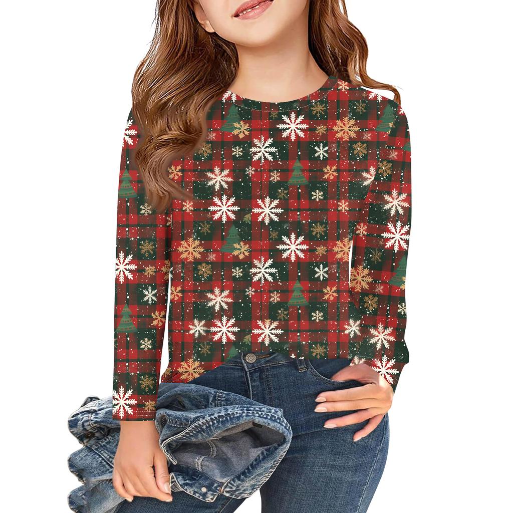 Christmas Day Girls Long Sleeve T Shirts Kids Fall Tops Crewneck Printed Basic Tees