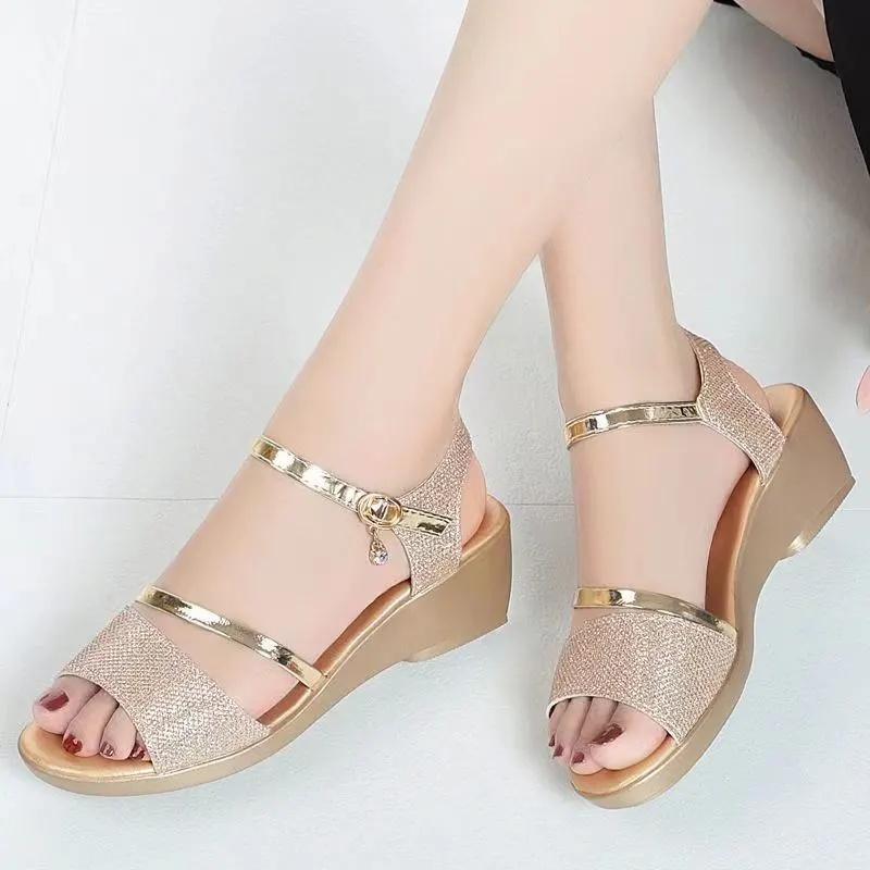 sandalias femininas women fashion silver peep toe sexy party night club wedge heel sandals lady golden comfort heel shoes ba390