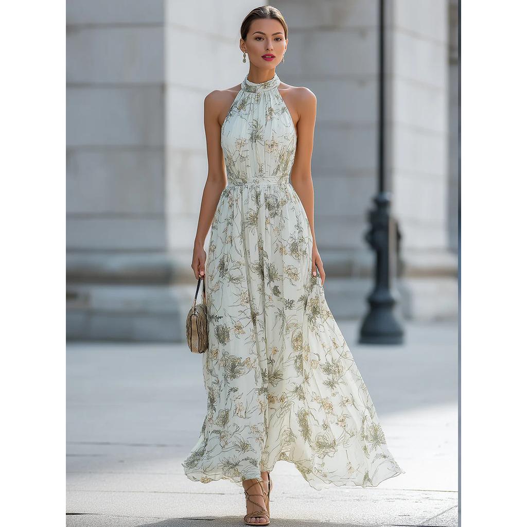2026 Elegant Halter Neck Floral Maxi Dress for Women, Sleeveless Chiffon Flowy Long Dress, Summer Beach & Party Wear