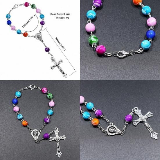 Christianity Goddess Jesus Cross Pendant Colorful Beads Chain Women Bracelet