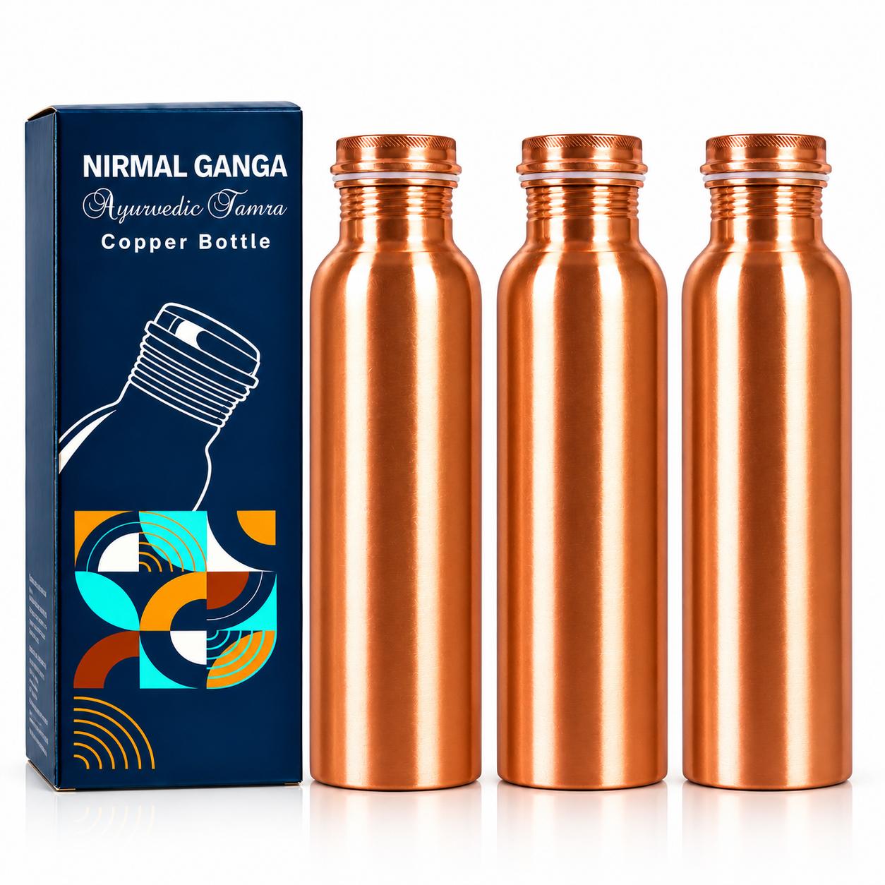 Sada pitných fliaš Nirmal Ganga z čistej medi - 1 liter každá, prémiový hladký dizajn, vynikajúca kvalita Shudh Tamba // Balenie 3 kusov brown