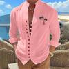 Autumn Long Sleeved Stand Up Collar Coconut Tree Printed Retro Slim Fit Men's Casual Shirts Beach Style Top Man