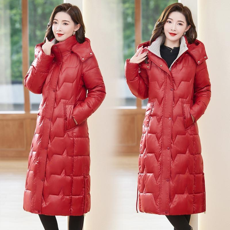 Women's cotton-padded clothes, winter medium and long over-knee glossy leave-in, thickened, slim and thin, warm cotton-padded jacket