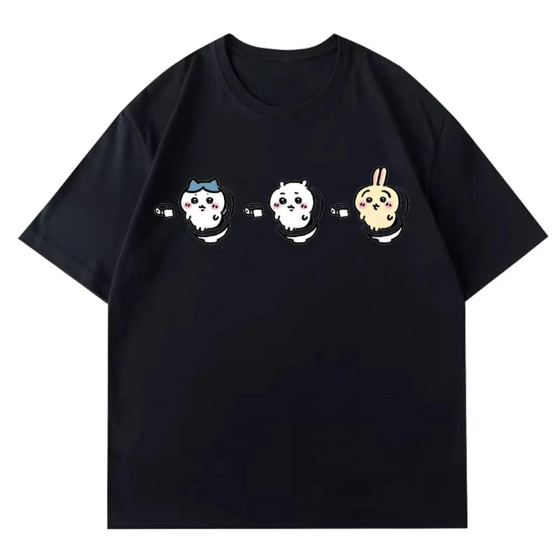 Funny Chiikawa Toilet T Shirts for Women Summer Graphic Short Sleeve Cotton Tees Men T-shirt Couple Street Casual Tops Clothing