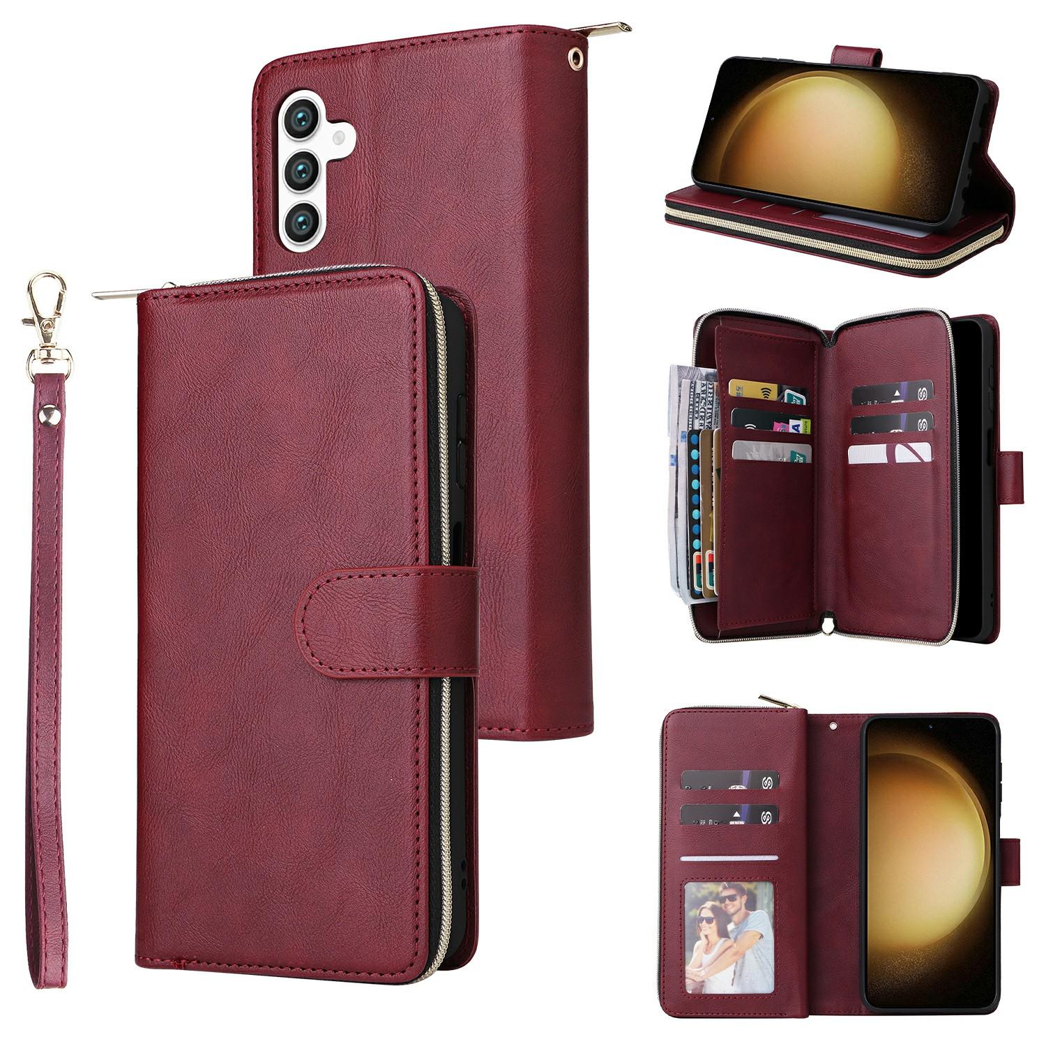 

For Samsung Galaxy S25+/S24+ Case Zipper Pocket PU Leather Phone Cover with Hand Strap E