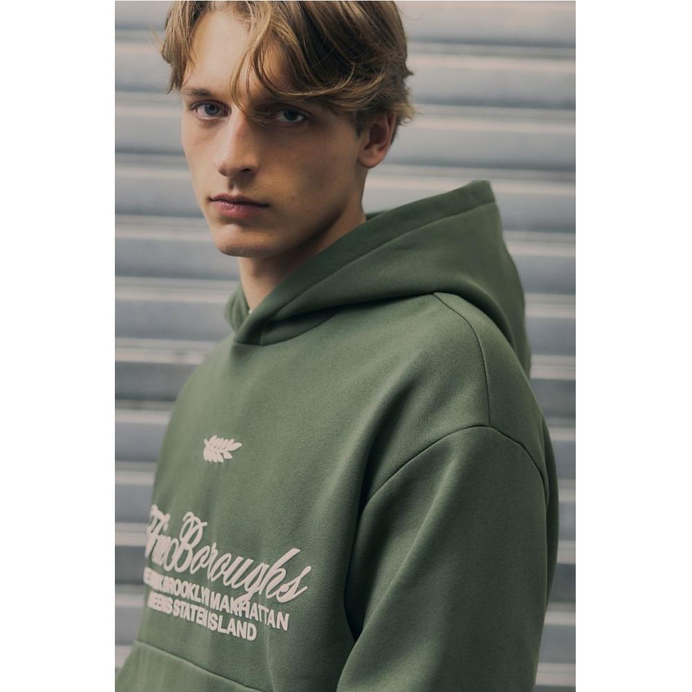H M Loose Fit Printed Hoodie kHaki Green Five borougHs