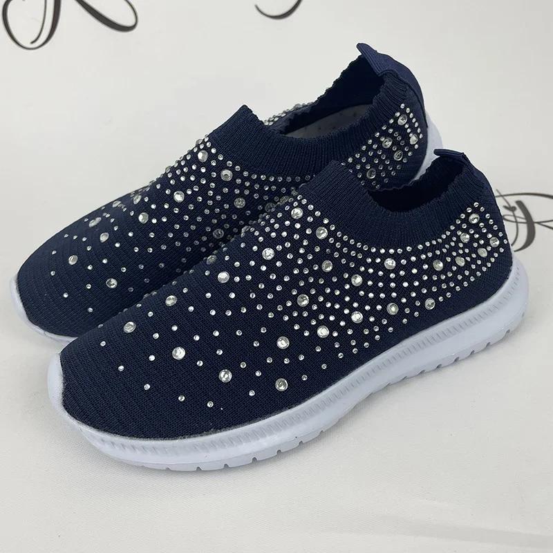 Fashion New Shining Crystal Flats Women Spring Breathable Knit Platform Sneakers Woman Comfortable Soft Bottom Non-slip Sports Shoes