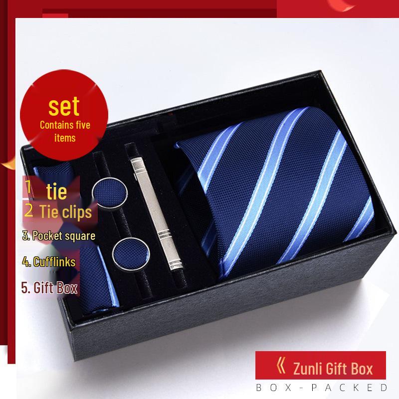Men's Formal Tie Gift Box: Five-Piece Set with Logo, 8cm Striped Black for Weddings and Business 