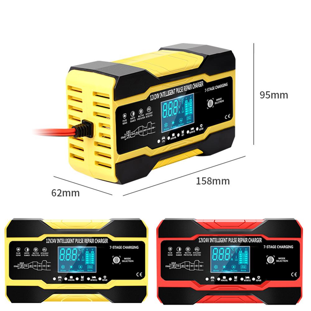 Car Battery Charger Full Auto Motorcycle 12V 24V Pulse Repair LCD Display Smart Fast Charge AGM Deep Cycle GEL Lead-Acid Charger