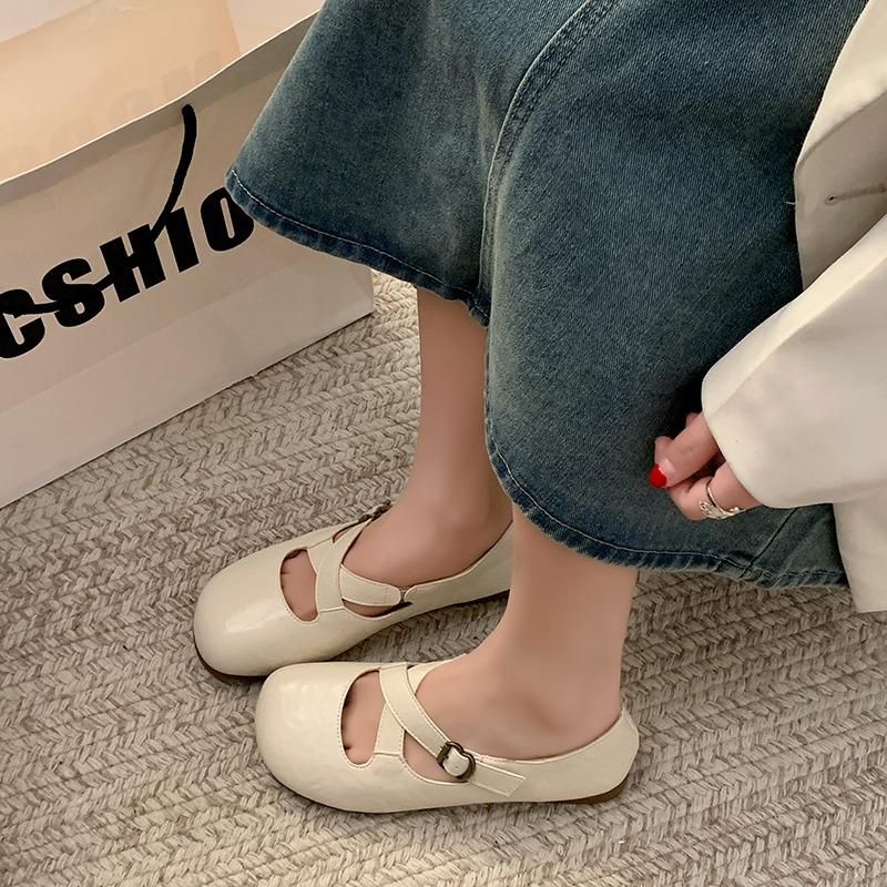 Fashion Spring New Single Shoes Women Round Head Shallow Mouth Metal Buckle Cross with Soft Sole Anti-slip Wear-resistant Flat Shoes