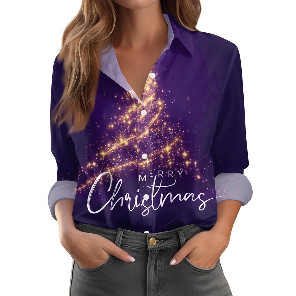 Women's Christmas Print Casual Half-Open Collar Long Sleeve Shirt