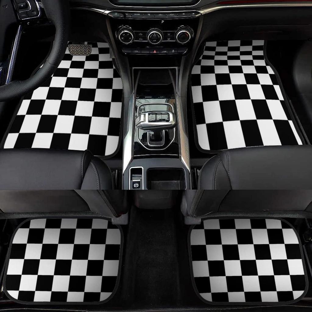 Tappetini Auto a Quadri da Corsa Set di 4, Tappeti Auto Geometrici a Scacchi Anteriori Posteriori, Accessori Auto Universali,