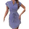 European and American Women clothes Sleeve Stripe Lace-up Dress Summer Casual Short dress Striped Lace up Dress