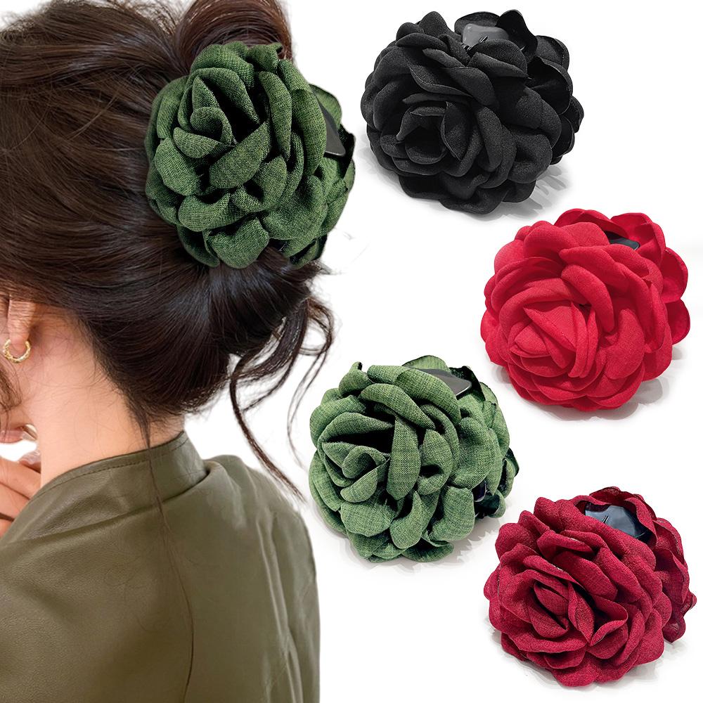 16 Colors Sweat Medium Size Cotton Fabric Rose Flower Hair Claw Clips for Women Korean Ctach Shark Clamp Hair Accessories