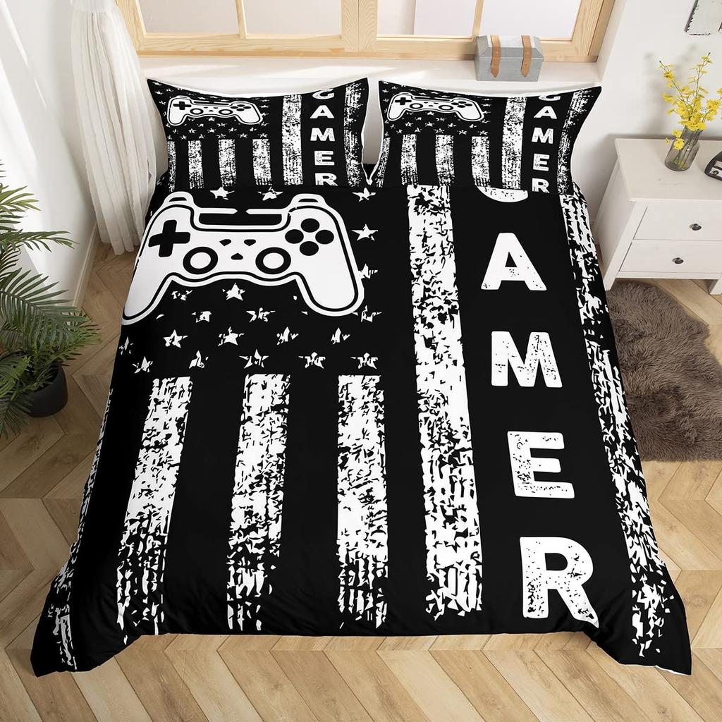 Gamepad Duvet Cover Set Queen Video Game Twin Bedding Set Microfiber Green Cartoon Gamer Pattern Electronic Theme Quilt Cover